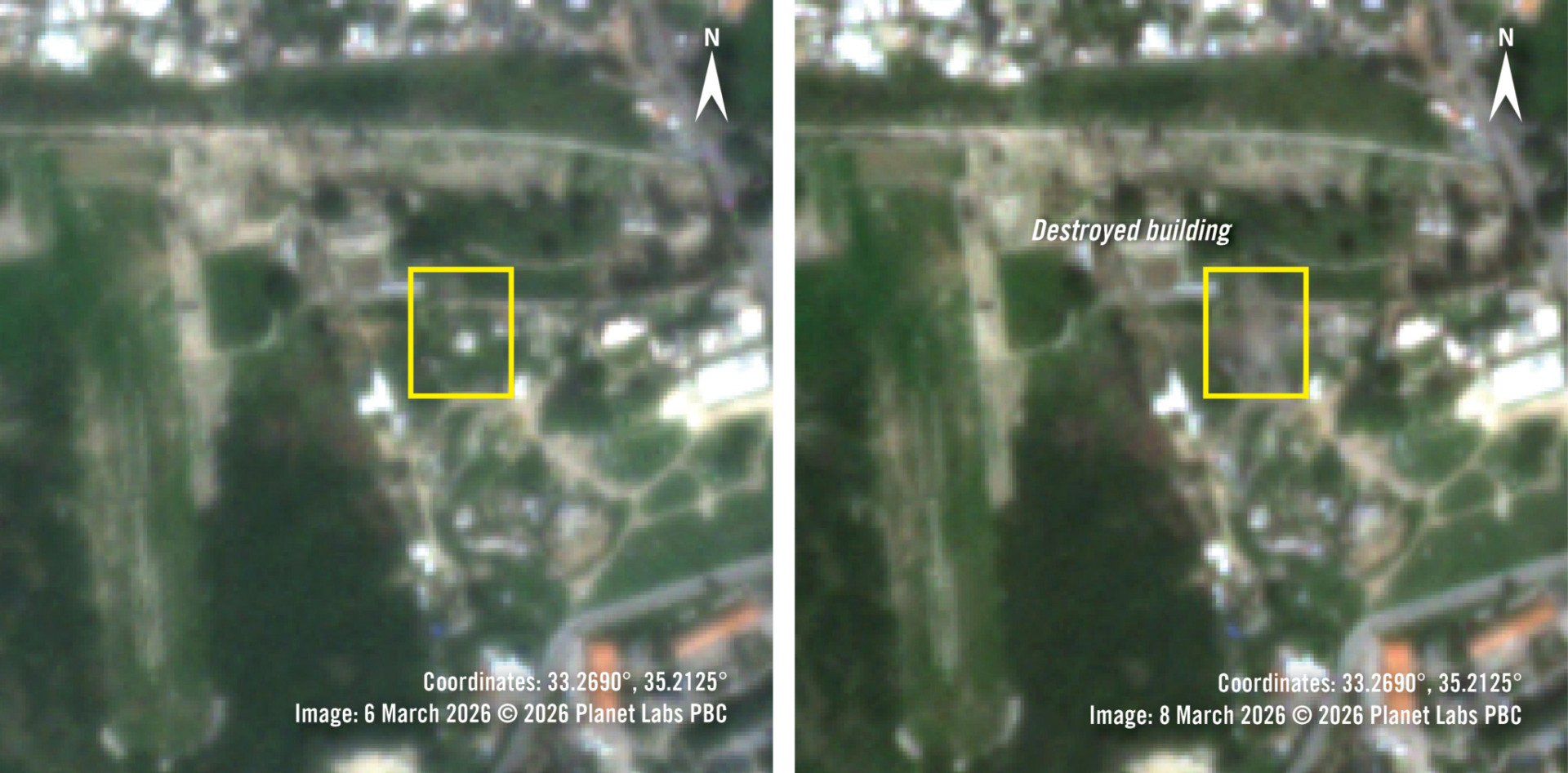 Lower resolution satellite imagery from 6 March (left) shows the building before the airstrike, within the yellow square.On 8 March (right), imagery shows the building is destroyed and the blast radius appears to spread over 40 metres from the building.（