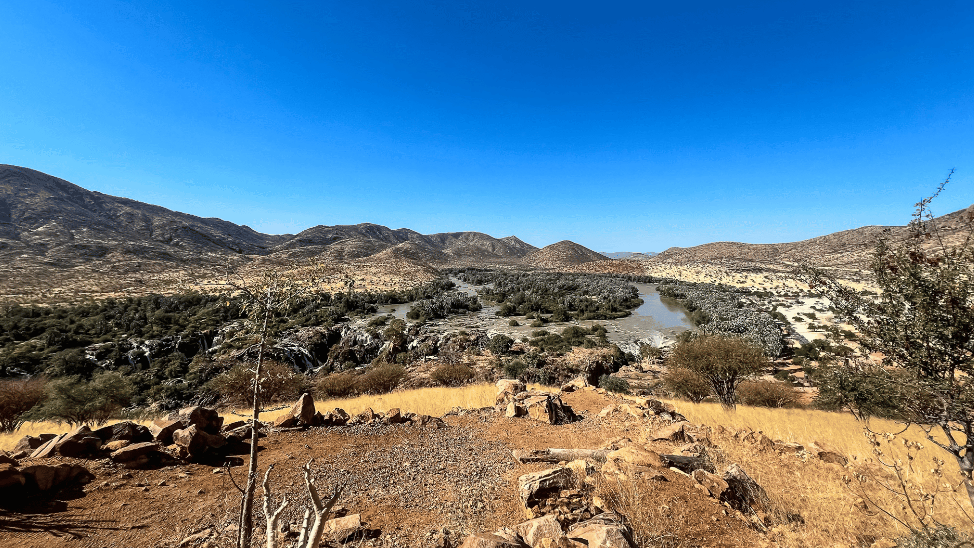 The Kunene River that divides Angola, left, and Namibia, right