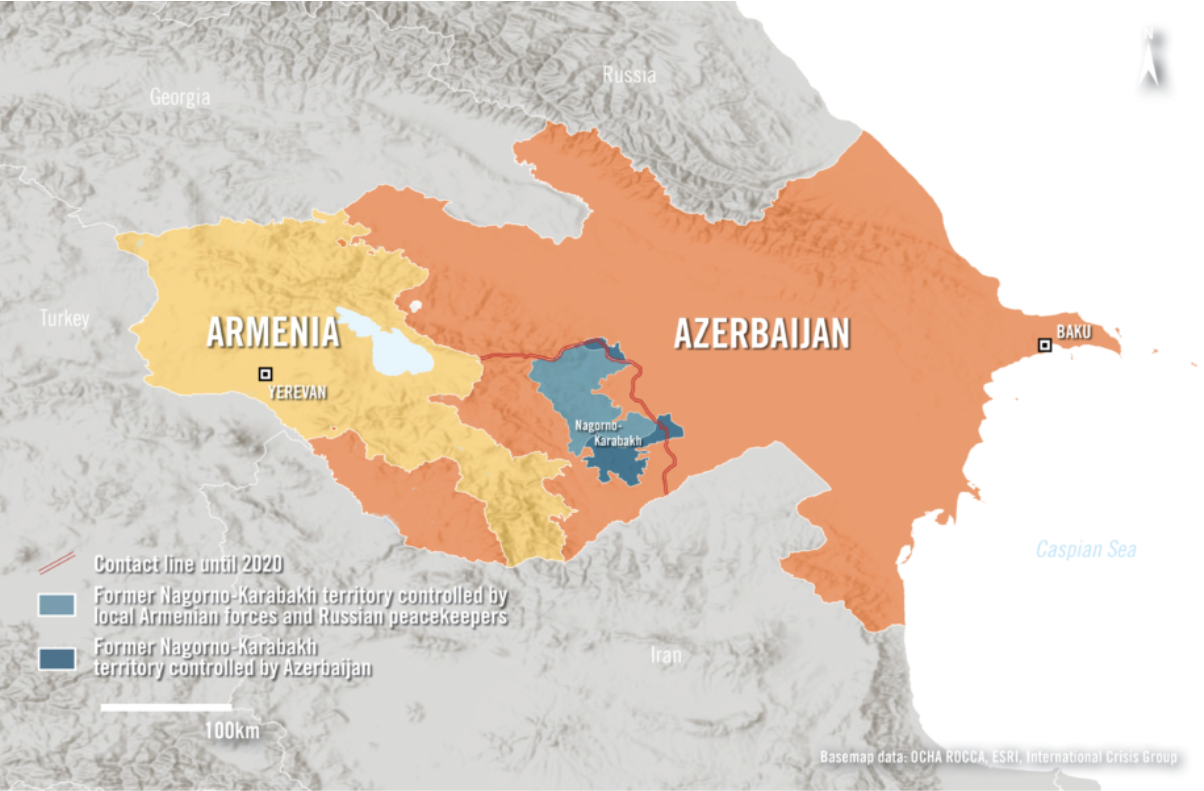 這張地圖顯示了2020年9月至2020年11月，亞美尼亞和亞塞拜然在納戈爾諾-卡拉巴赫的44天衝突裡，導致平民死亡的地點。©OCHA/ROCCA/ESRI/International Crisis Group