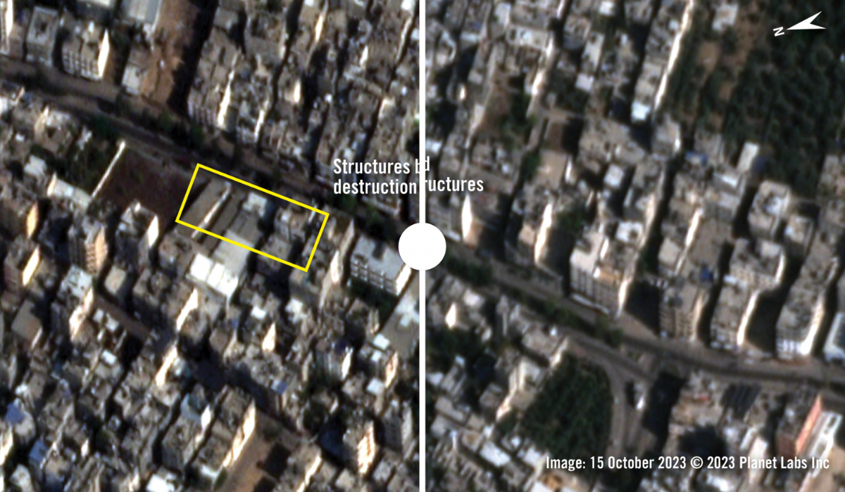 加薩賈巴利亞（Jabalia）：2023年10月8日的衛星影像，顯示事發前街道旁有多棟建築。2023年10月10日，許多建築嚴重受損或完全被毀。