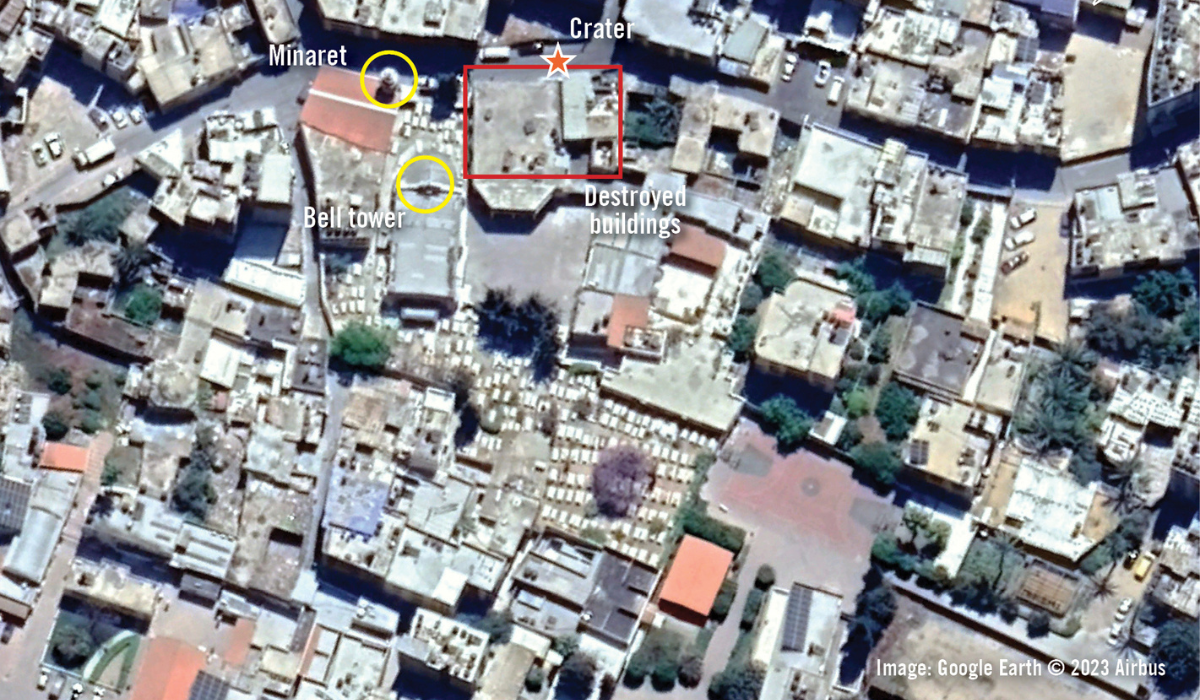 加薩市聖波斐利希臘正教教堂遭攻擊的地點，地圖上紅框標示的範圍是估計受到以色列軍隊攻擊影響的區域。