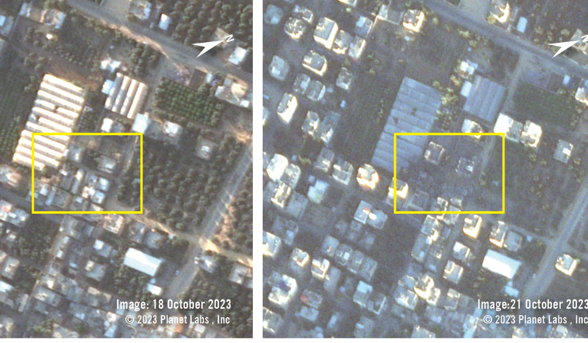 該地點在2023年10月18日空襲發生前，以及2023年10月21日空襲發生後的衛星影像。該區域和許多建築疑似遭受嚴重毀損。