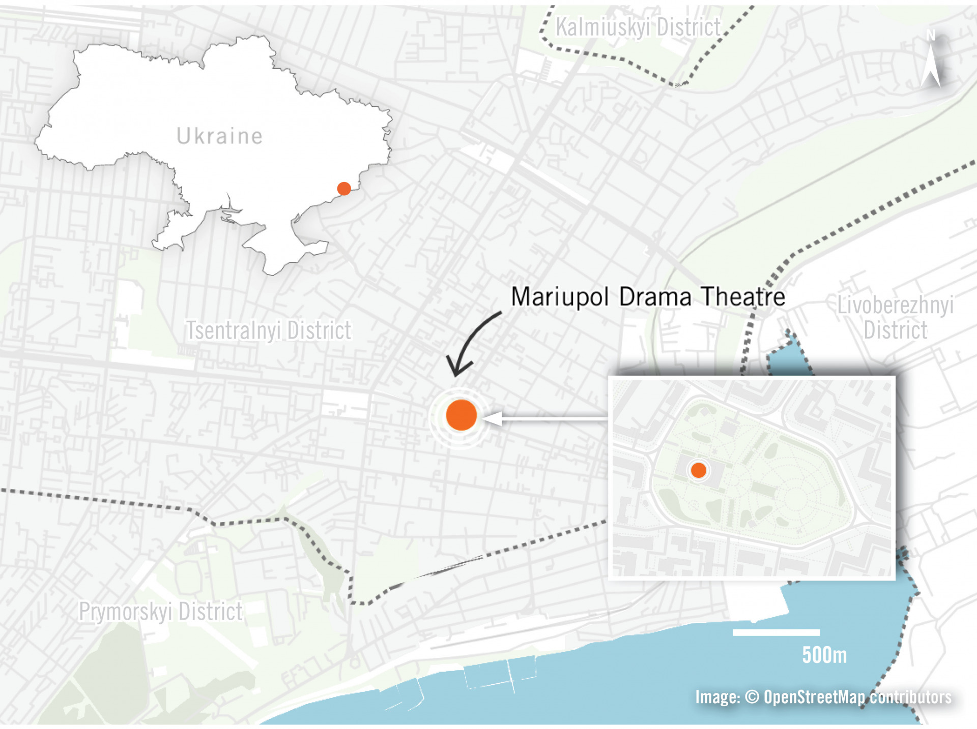 標示戲劇院位置的馬里烏波爾地圖，以及標示馬里烏波爾位置的烏克蘭地圖。 © OpenStreetMap Contributors