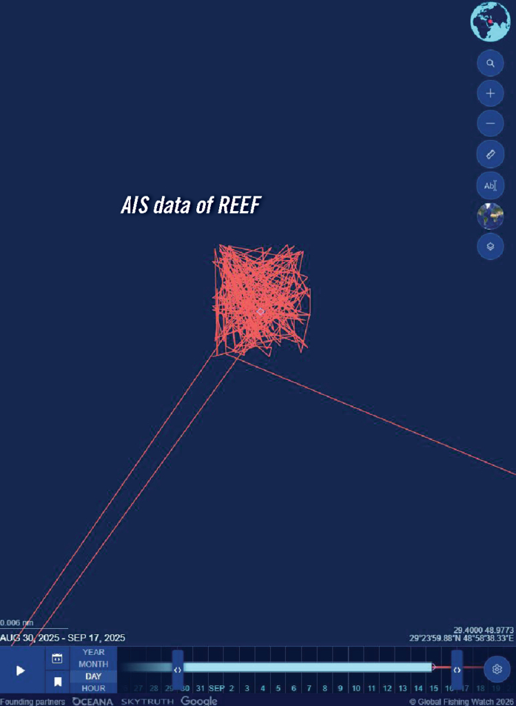上圖顯示 REEF 號（IMO 9263382）於 2025 年 9 月在伊朗專屬經濟區內（座標 29.3996°、48.9778°）徘徊時的 AIS 數據。相關數據呈現出盒狀軌跡，並非船隻正常徘徊時的典型特徵，極有可能顯示數據曾被偽造。此外，衛星影像亦未顯示在同一時段內有任何與 REEF 號體量相近的船隻存在。