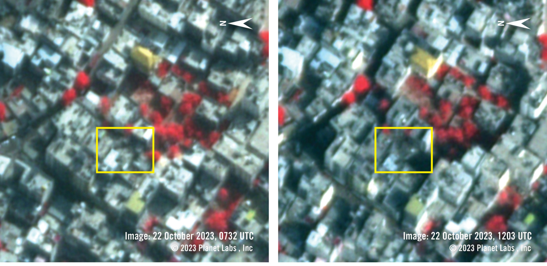2023年10月22日的近紅外線假色衛星影像顯示空襲之前（左）和之後（右）的被攻擊區域。植被呈現微紅色調，建築環境則呈現灰色和黃色色調。受損區域呈現比事件發生前更深的灰色。