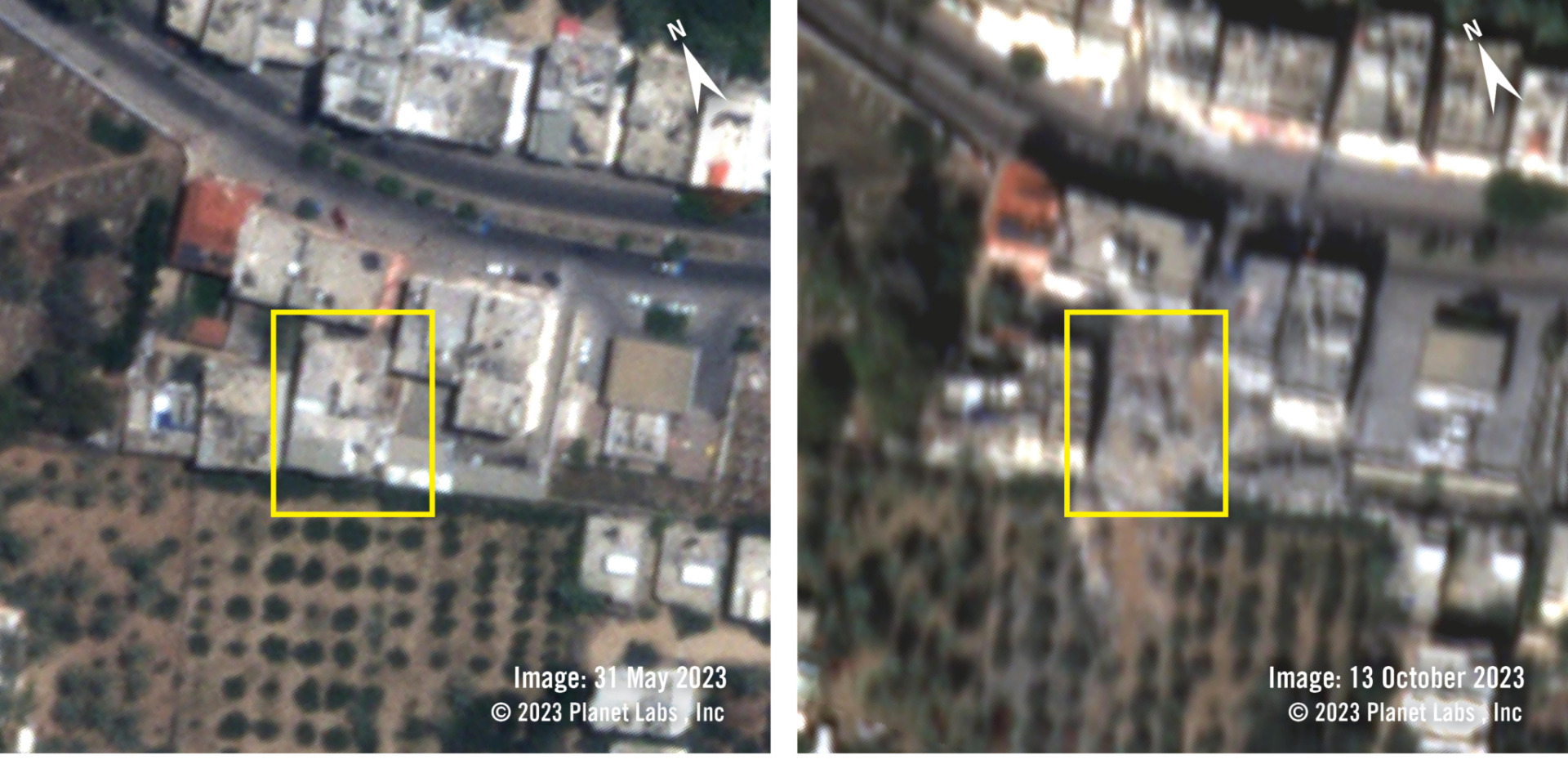 左圖是2023年5月31日的衛星影像，顯示的是遭炸毀前的樣子。右圖為2023年10月13日，衛星影像顯示遭炸毀的區域，其他低解析度（未呈現出來）的圖證實空襲發生時間在10月10日和10月13日之間。
