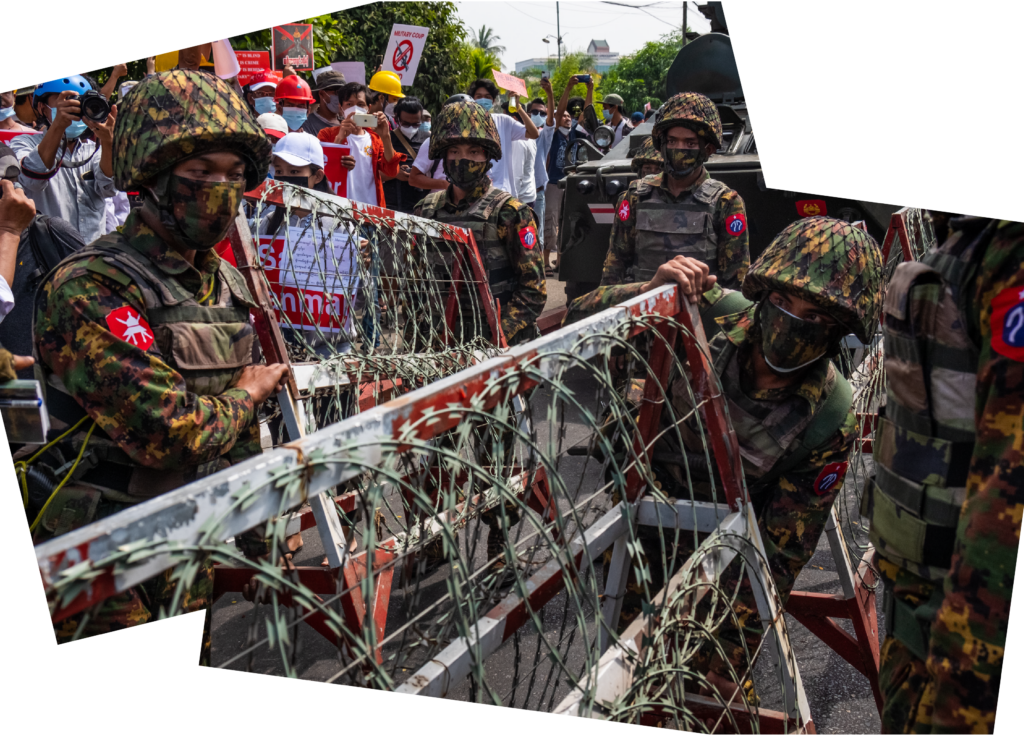 2021年2月15日，緬甸仰光，示威者手持布條高喊口號，而夜間抵達中央銀行守衛的緬甸士兵則設置帶刺鐵絲網路障。美國駐緬甸大使館在軍事行動和報導指出電訊可能在夜晚中斷之後，發布公告要求在緬甸的美國人「就地避難」。緬甸首都的街上可見裝甲車，但即使軍方在場，依然有大批示威者上街。