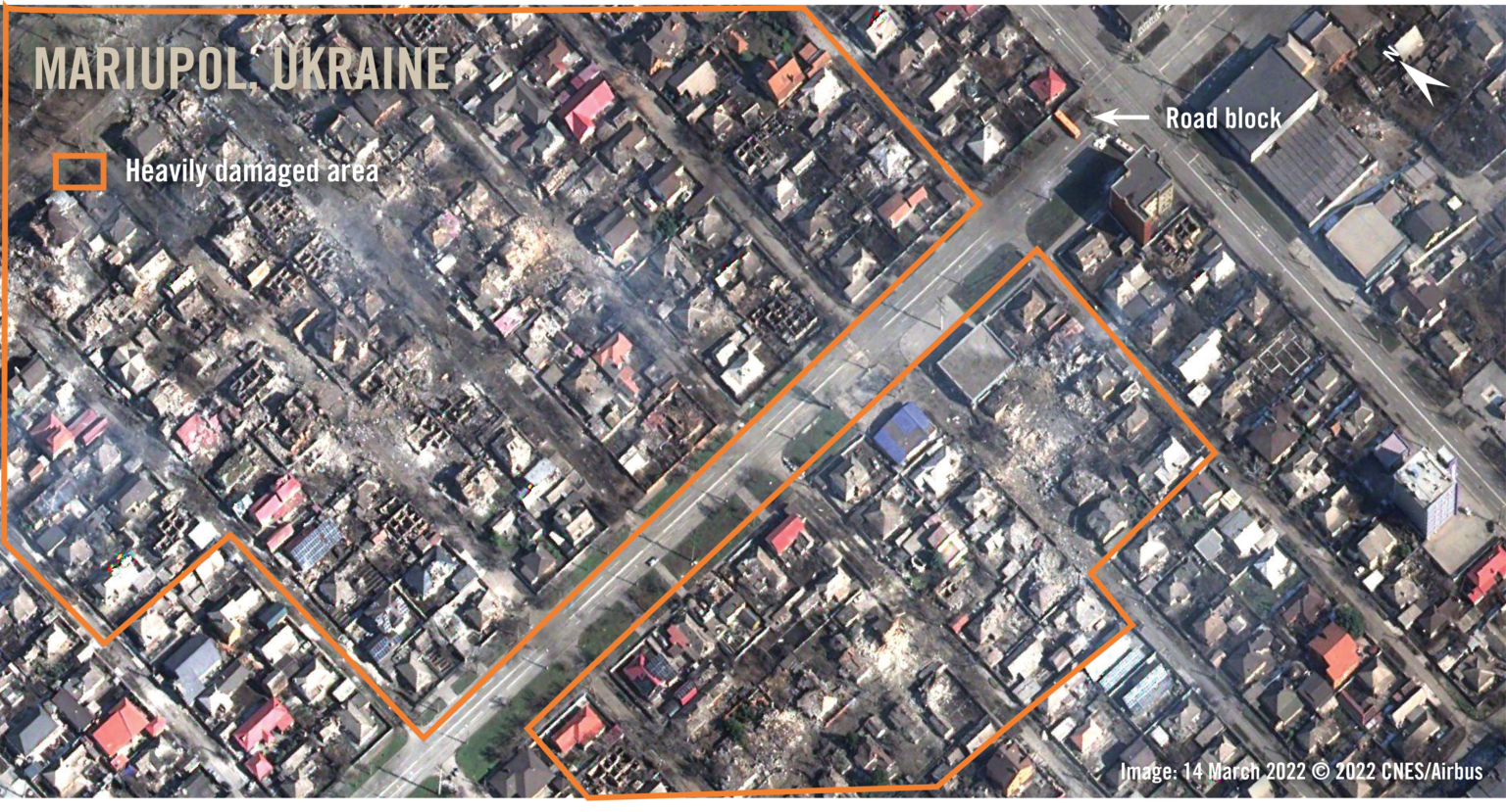 衛星影像顯示馬里烏波爾遭到破壞，2022年3月。