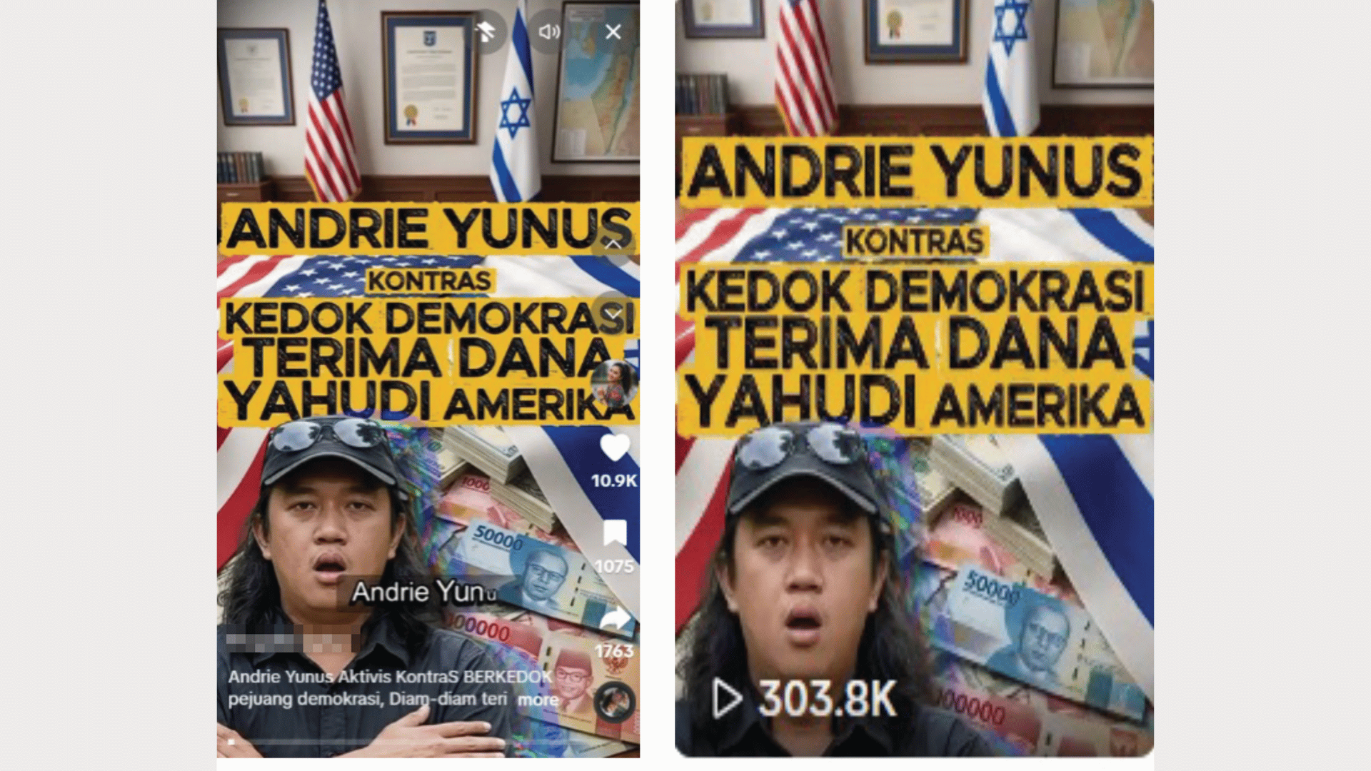 圖為 TikTok 上攻擊尤納斯並將他貼上「境外勢力代理人」標籤的貼文，該文於 2026 年 4 月 5 日發布，貼文文字為：「失蹤者與暴力受害者委員會行動者安德里．尤納斯假扮為民主捍衛者，私底下卻接受美國猶太人資助。想了解更多嗎？？一起看到最後吧。#安德里尤納斯 #失蹤者與暴力受害者委員會 #外國勢力走狗 #開放社會基金會（OSF） #索羅斯」