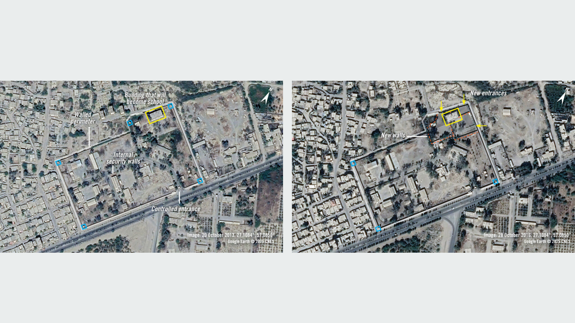 2013年10月20日的衛星影像顯示，伊斯蘭革命衛隊設施由圍牆環繞，牆邊設有高架哨站（以藍色方框標示），並設有受控出入口。