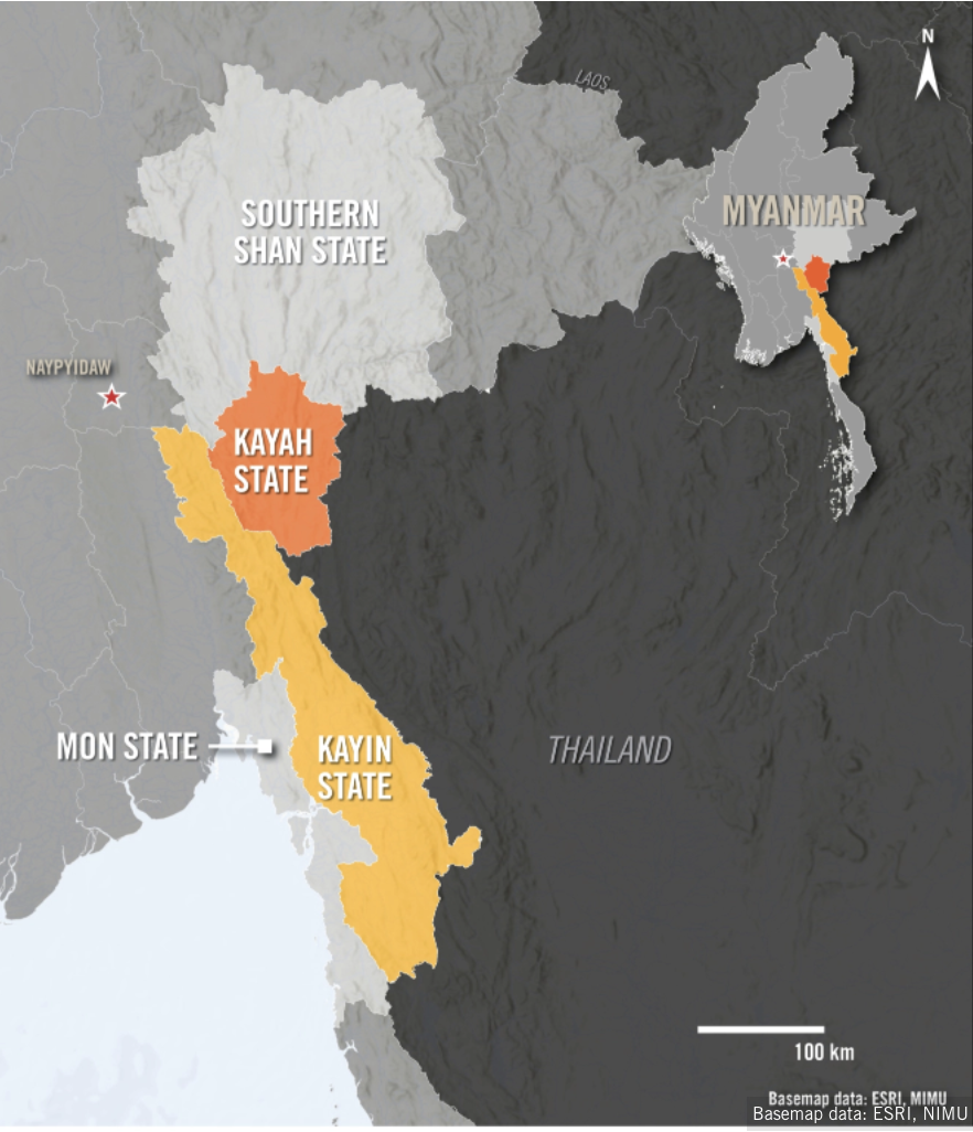 緬甸概觀地圖，特別標記克耶和克倫邦。底圖資料：ESRI, NIMU
