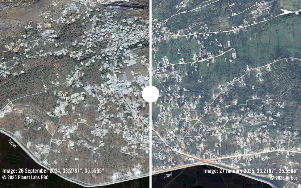 上方地圖顯示 2024 年 9 月底至 2025 年 1 月底期間對嚴重受損或毀壞的建築物進行的建築物損壞評估。黃色多邊形顯示了截至 2025 年 1 月底以色列於地面上進攻的區域。 