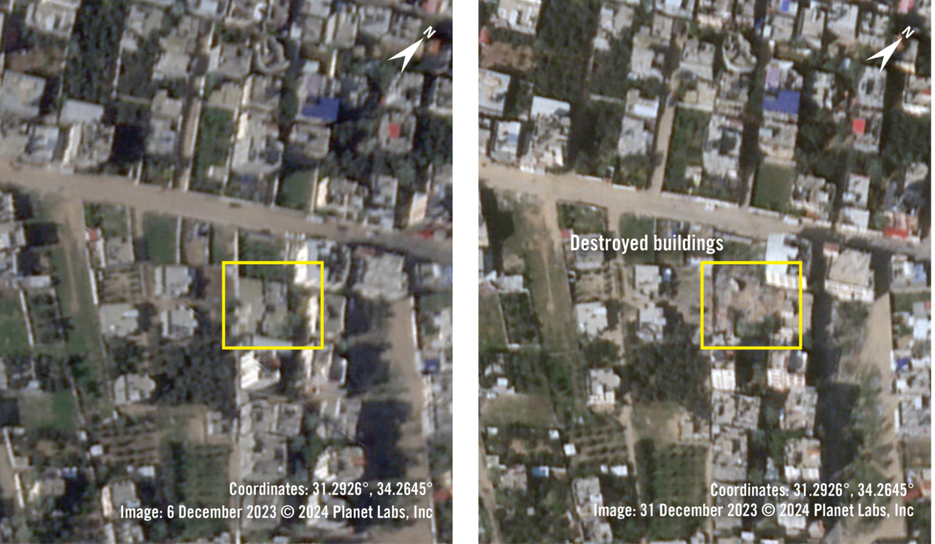 上方的衛星影像顯示2023年12月6日拉法的建築（左）。2023年12月31日（右），影像顯示有些建築被毀。©2024 Planet Labs