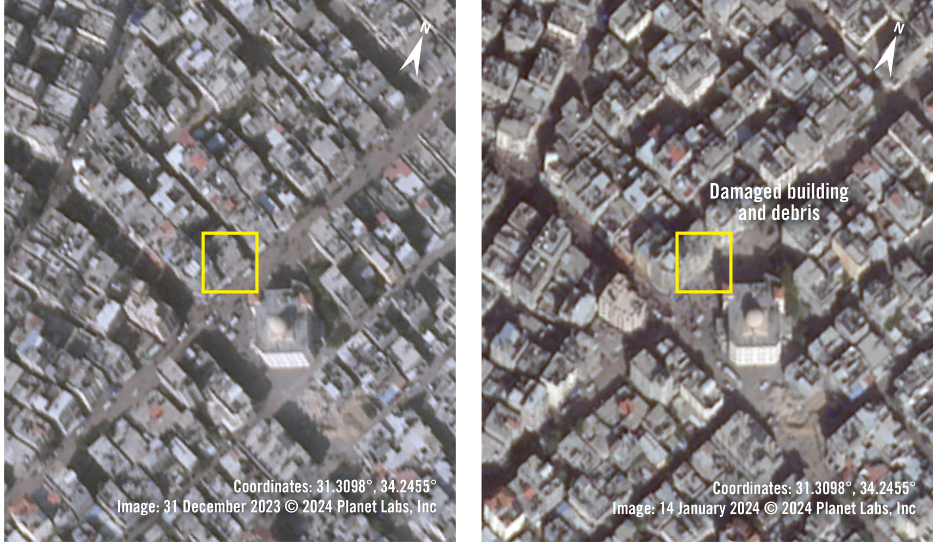 上方的衛星影像顯示2023年12月31日，拉法的薩德・賓・阿比・瓦卡斯清真寺對面的一棟建築（左）。2024年1月14日（右），影像顯示該建築的屋頂受損，建築前方的街道上有些殘骸。實地拍攝的照片顯示建築上層受到影響。©2024 Planet Labs 
