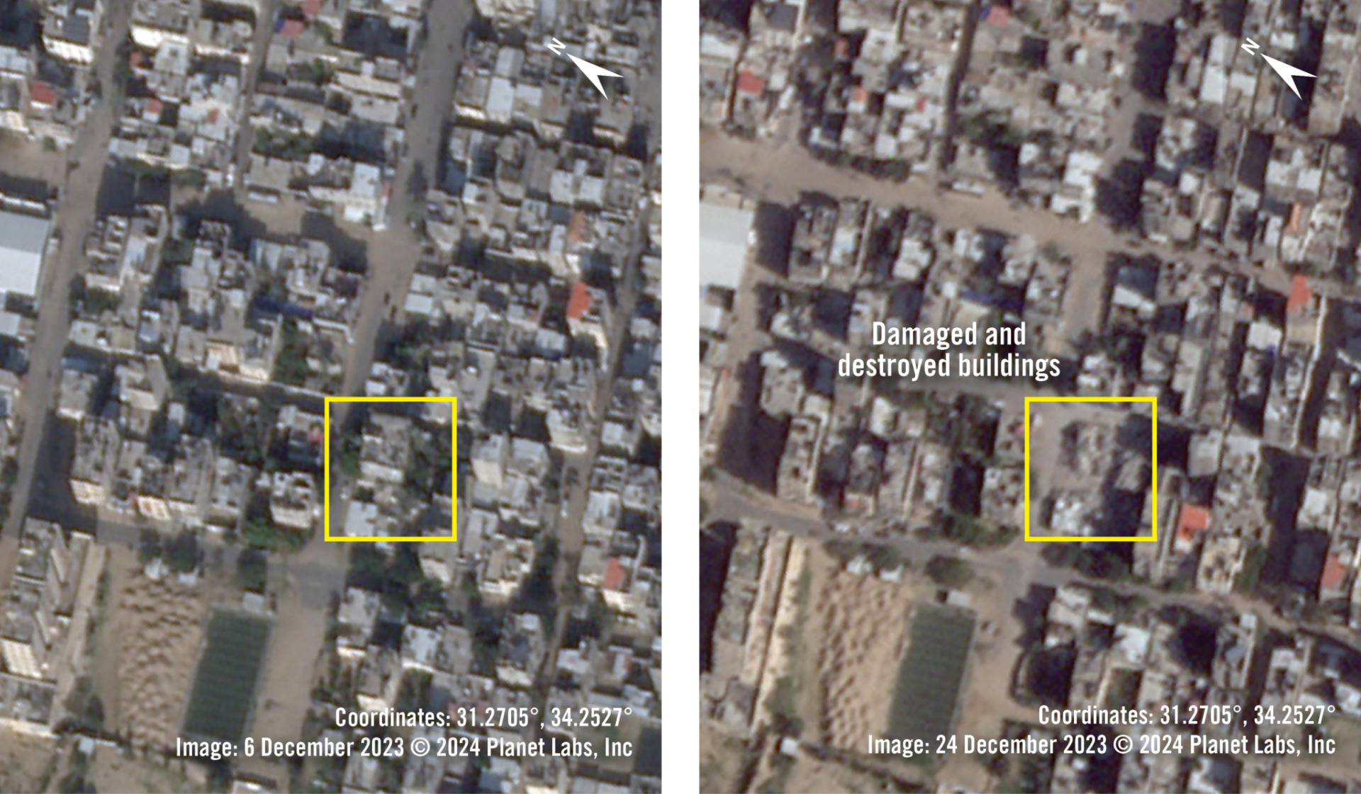 上方的衛星影像顯示2023年12月6日拉法的建築（左）。2023年12月24日（右），影像顯示有些建築受損。©2024 Planet Labs