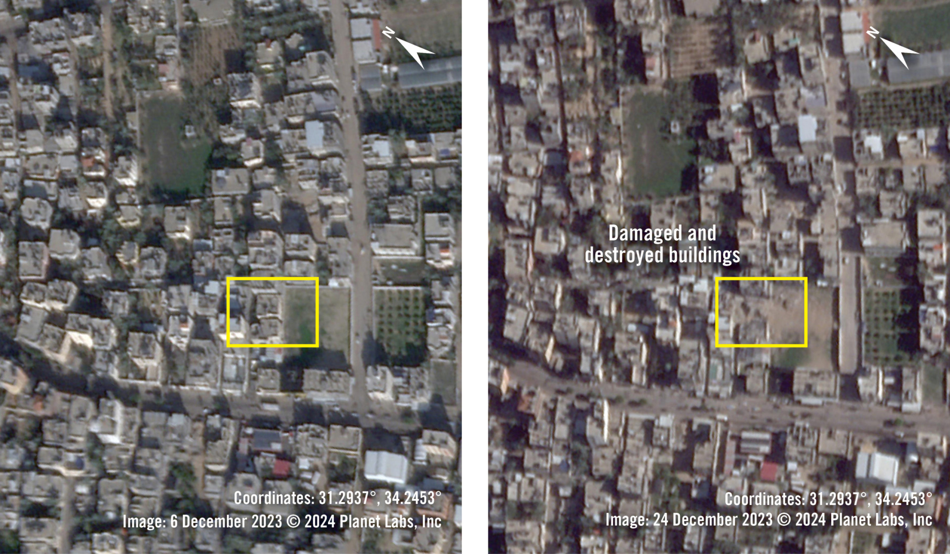 上方的衛星影像顯示2023年12月6日拉法的一棟建築（左）。2023年12月24日（右），影像顯示該棟建築受損。實地拍攝的照片顯示鄰近建築也有受損。©2024 Planet Labs